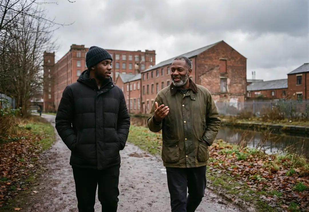 Two Black men, one younger in a beanie and one older with a grey beard, talk as they walk along a canal towpath under a cloudy sky.
