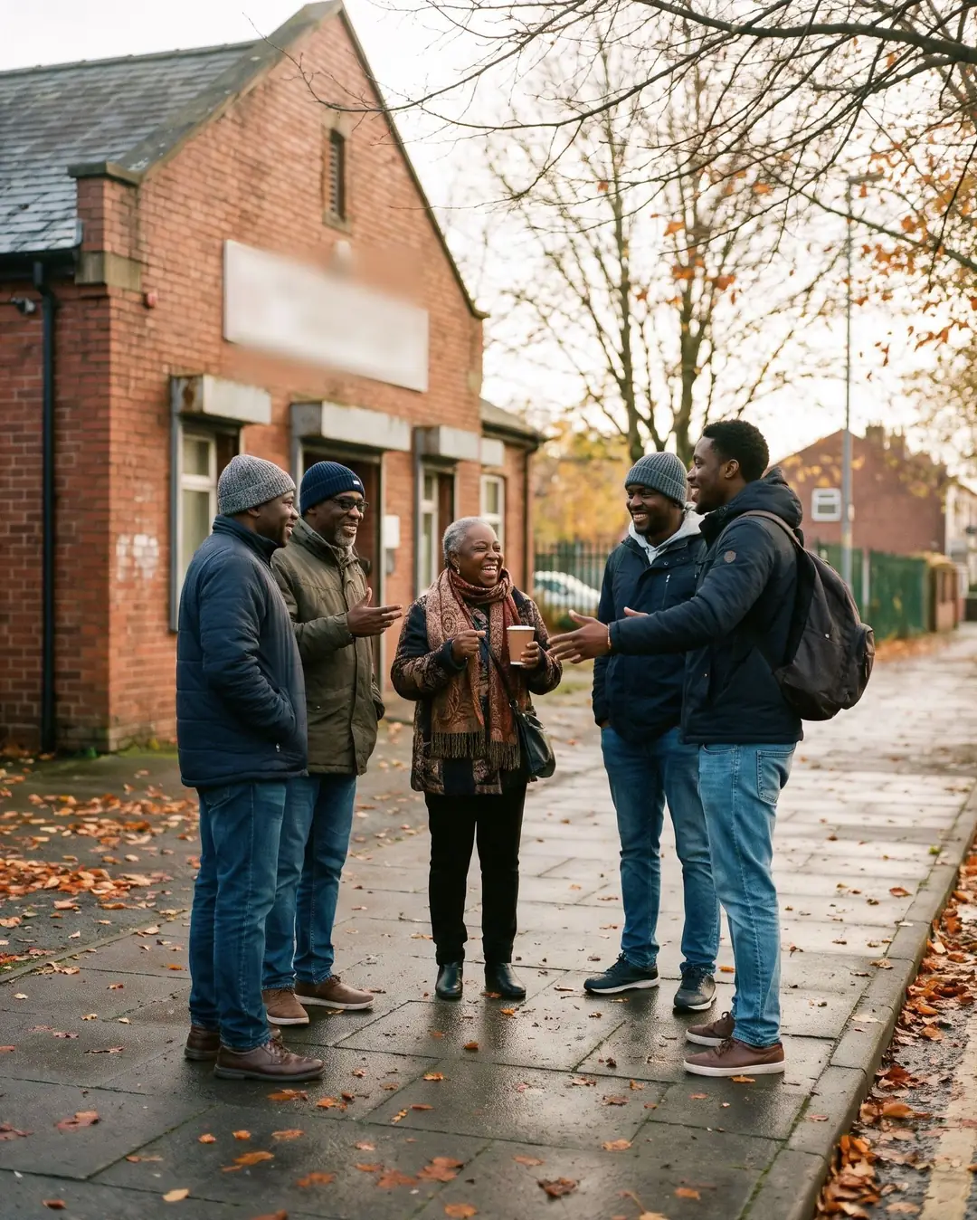 Five Black men and women of different ages chat and laugh on the pavement outside a red-brick community centre in autumn, one older woman holding a cup of tea.