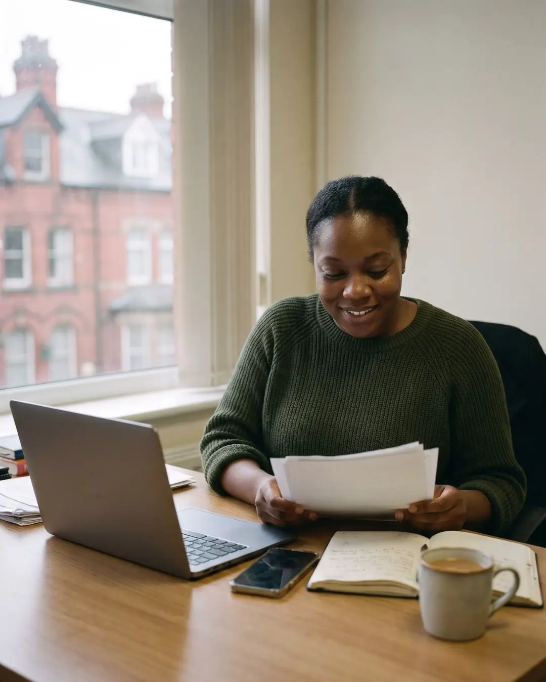 A Black woman in a green jumper smiles as she reads a printed page at her desk, with a laptop, phone and notebook beside her and red-brick houses outside the window.