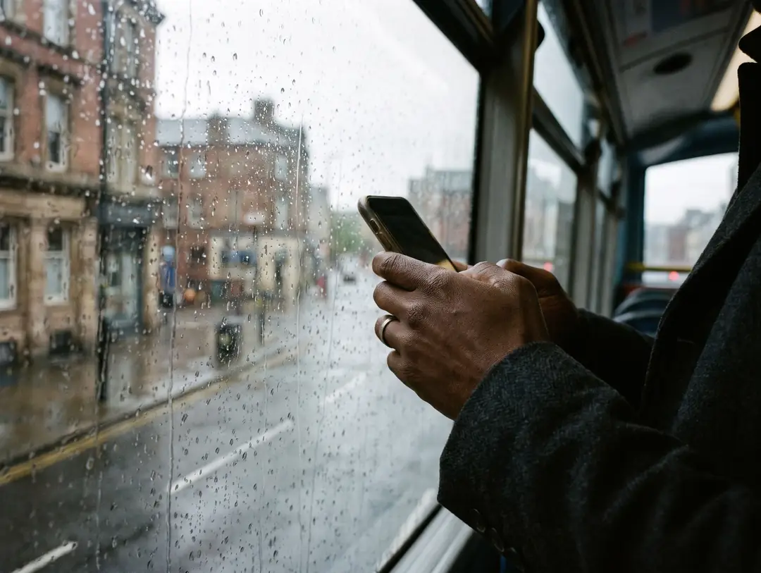 A Black man’s hands holding a phone on the top deck of a bus, with rain on the window.
