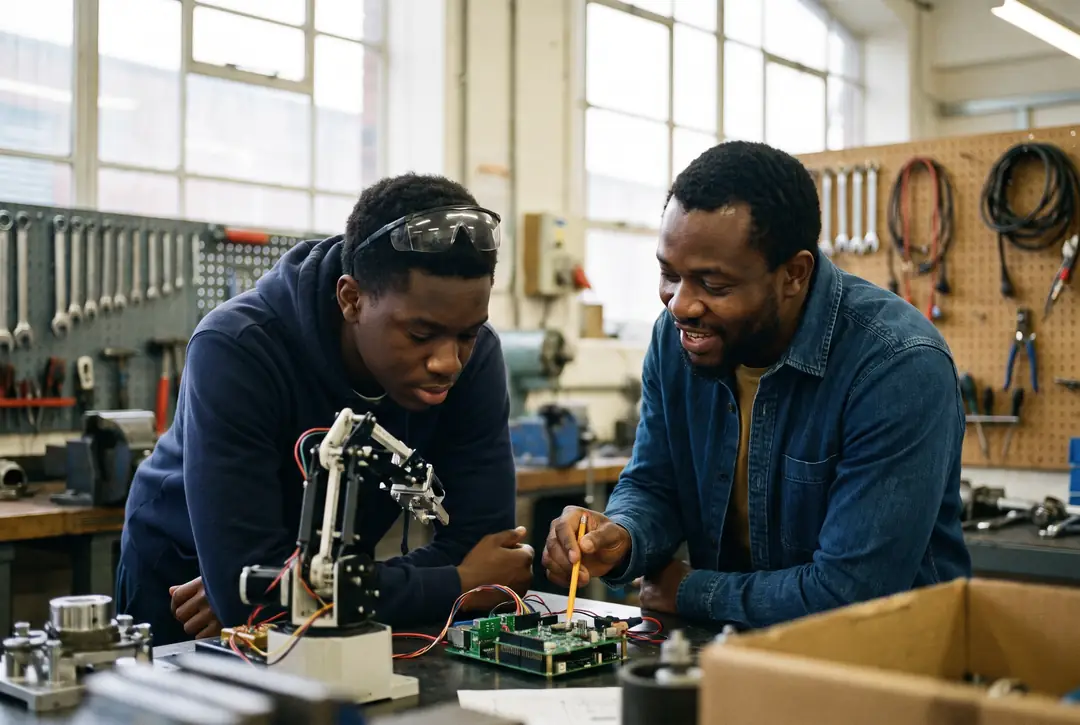 In a college workshop, a Black mentor and a young Black man work together on a small robotic arm.