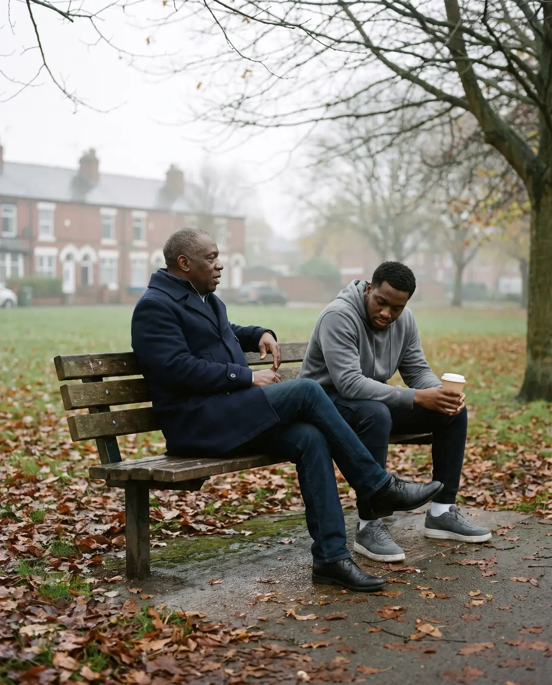 An older Black man in a navy coat talks with a young Black man in a grey hoodie holding a cup of tea, on a park bench among autumn leaves.