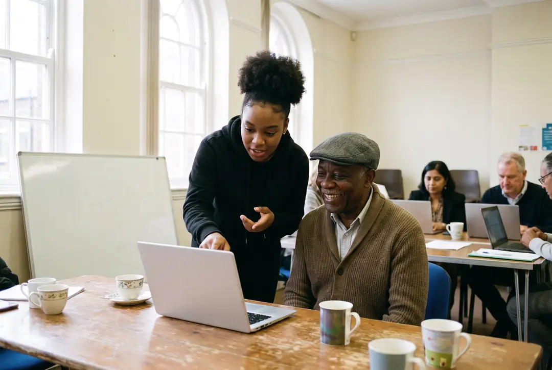 A young Black woman helps an older Black man in a flat cap at a laptop in a community centre.